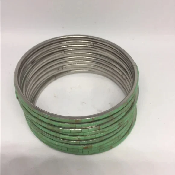 Stack Of 10 Bangles Bracelets Inlaid She’ll Handmade Turquoise - Picture 6 of 14